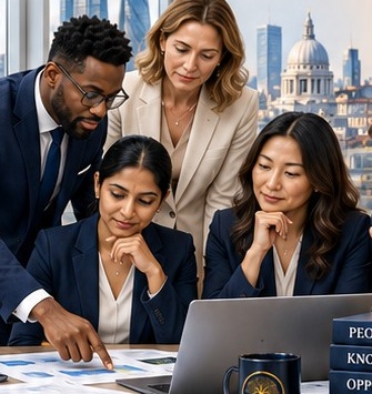Professionals collaborating in a corporate office environment